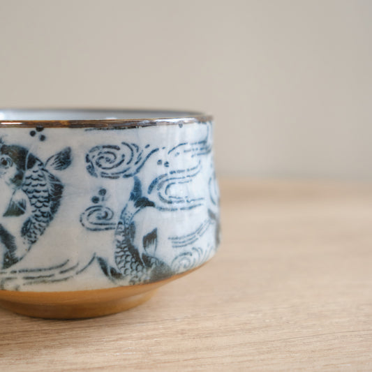 日本美濃燒 抹茶碗 - 波浪與鯉魚