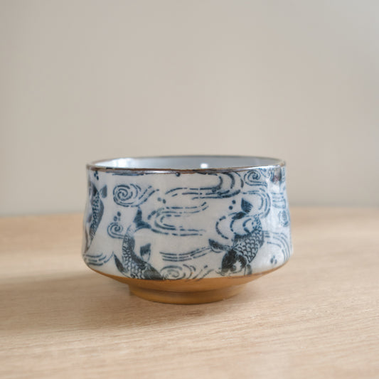 日本美濃燒 抹茶碗 - 波浪與鯉魚